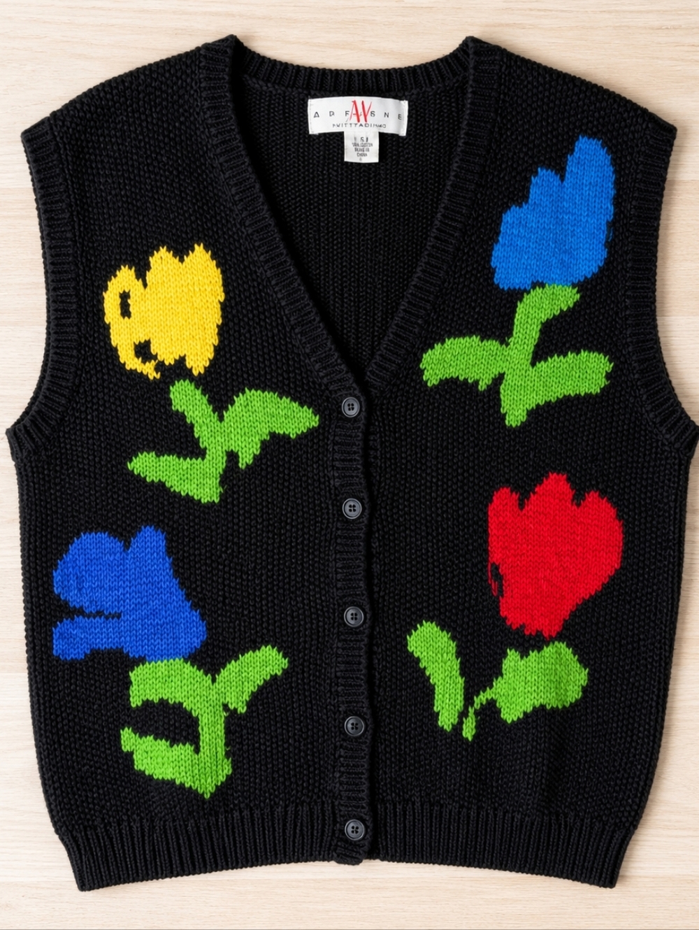 Adrienne Vittadini Colorful Floral Knit Vest Dopamine Dressing Mod Retro Sweater